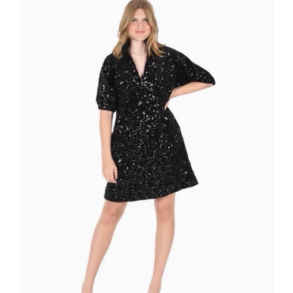 Emily‎ McCarthy Poppy Shirt Dress XS Black Velvet Sequins Leopard Cheetah Print